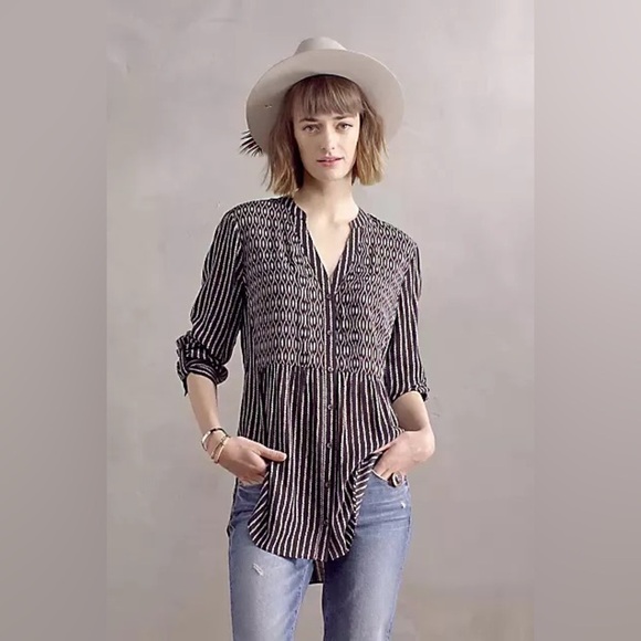 Anthropologie Maeve Calia Black & White Printed Buttondown Tunic Top Size 2 - Picture 2 of 12